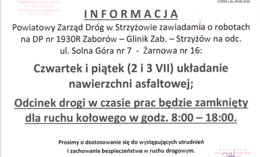 Zdjęcie do Roboty drogowe na DP 1930R Zabor&oacute;w - Strzyż&oacute;w